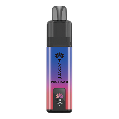 A Hayati Pro Max+ 4000 vape device featuring a vibrant blue-to-pink gradient body with a black mouthpiece and a digital screen at the bottom.