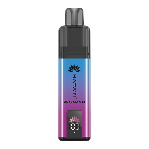 A Hayati Pro Max+ 4000 vape device with a vibrant blue-to-pink gradient body, black mouthpiece, and a digital display showing 100% battery, set against a plain white background.