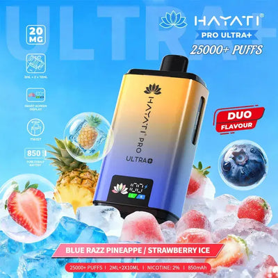 Hayati Pro Ultra Plus 25000 Blue Razz Pineapple & Strawberry Ice Kit with pineapple chunks and icy strawberries.