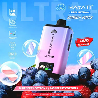 Hayati Pro Ultra Plus 25000 Blueberry & Raspberry Cotton Candy Dual Kit with fluffy pink and blue candy floss.