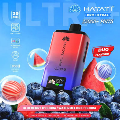 Hayati Pro Ultra Plus 25000 Blueberry & Watermelon Bubblegum Kit with juicy fruit bubblegum pieces and slices.