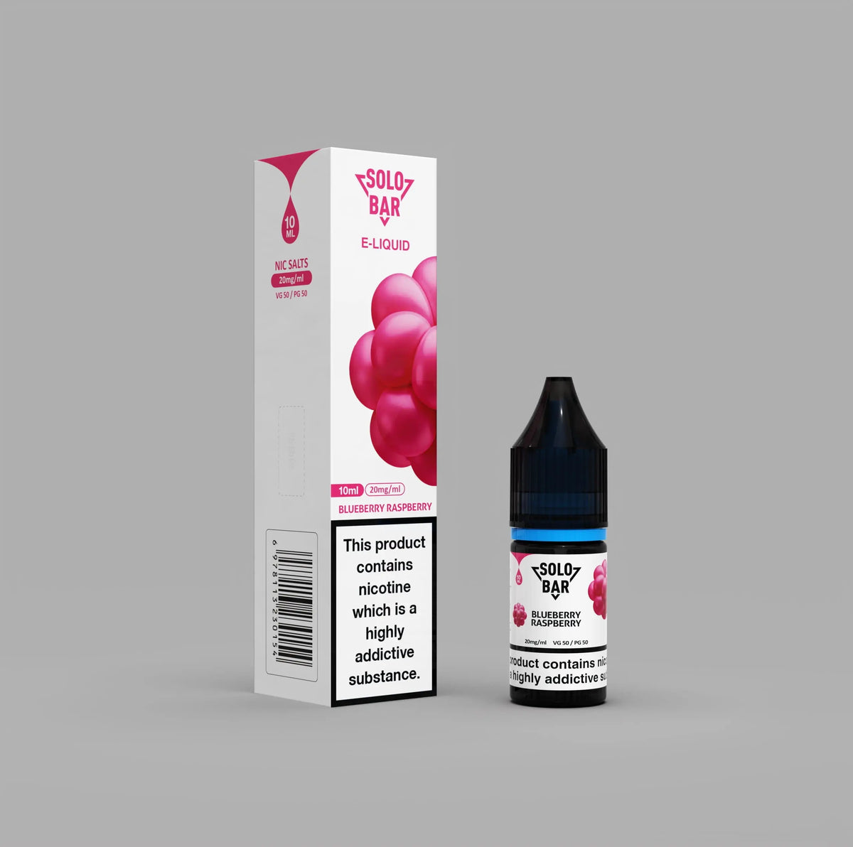 Solo bar e-liquid packaging with blueberry raspberry flavor on a gray background