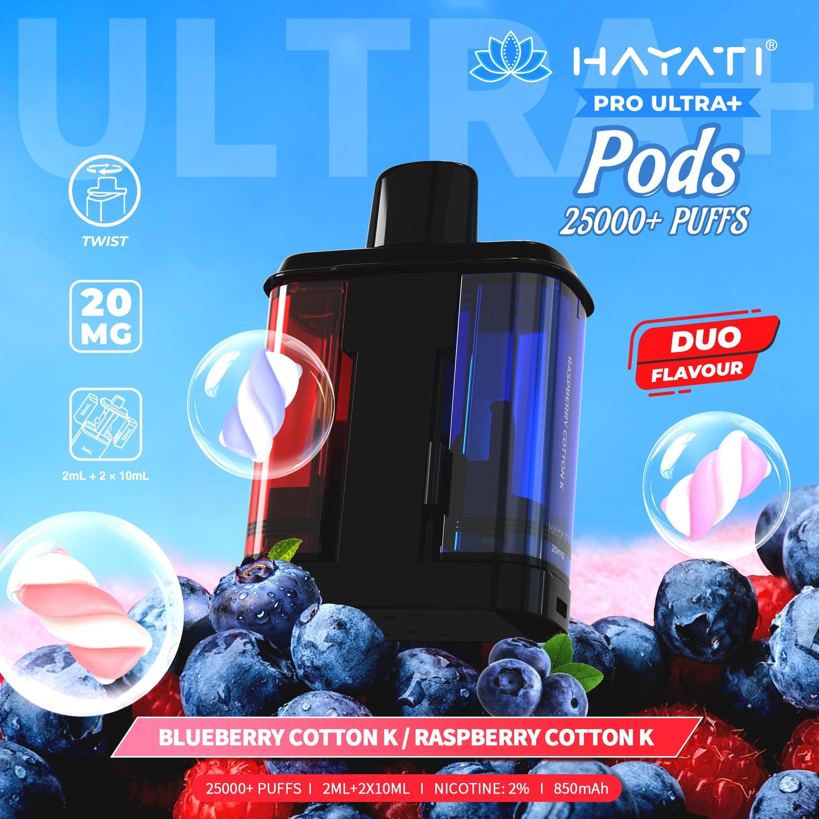 Three hayati pro ultra plus 25000 replacement pods with red and blue liquid compartments, multi buy deals on a white background.