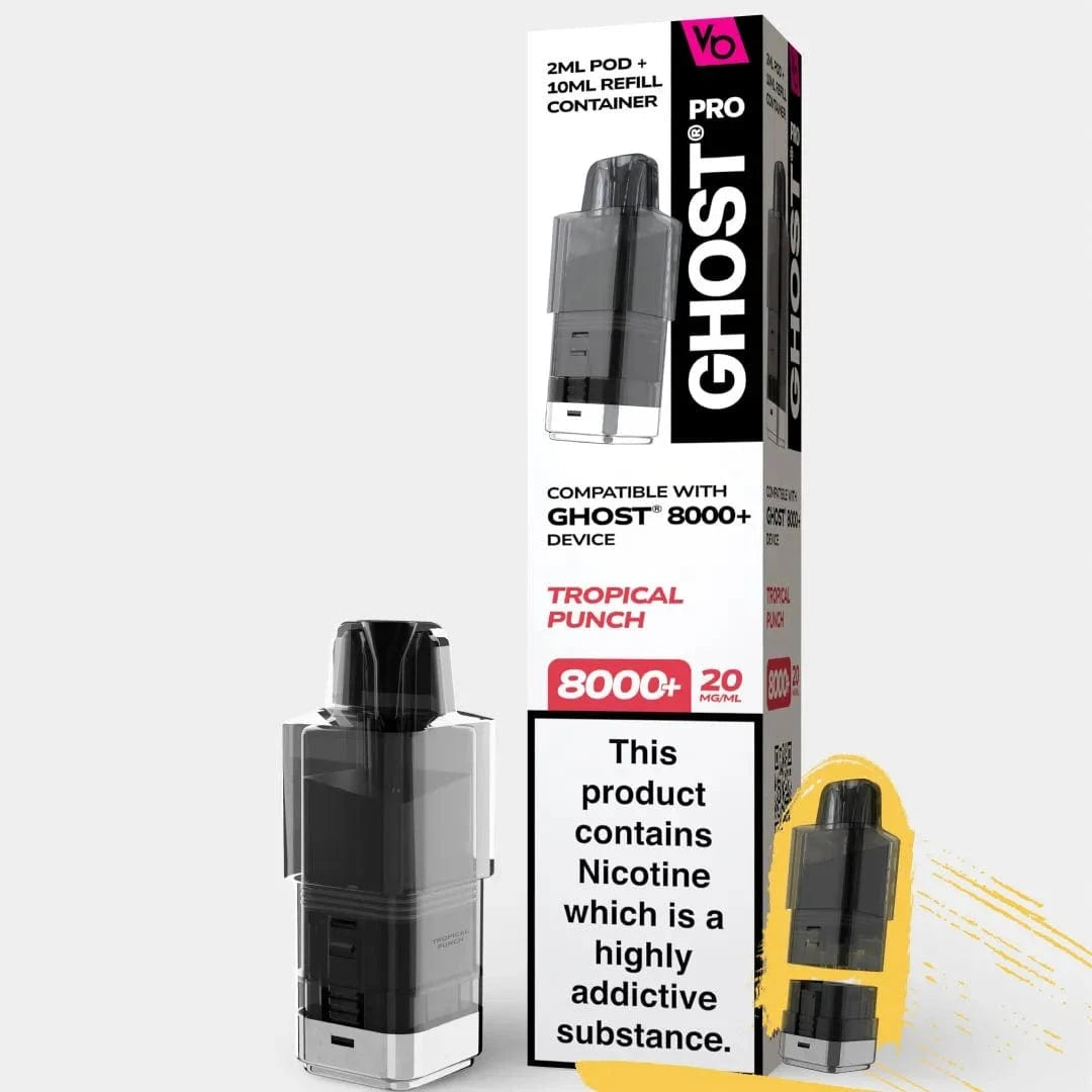 Three Ghost Pro 8000 Replacement Pods with black tops on a white background, promotional text about price and quantity.