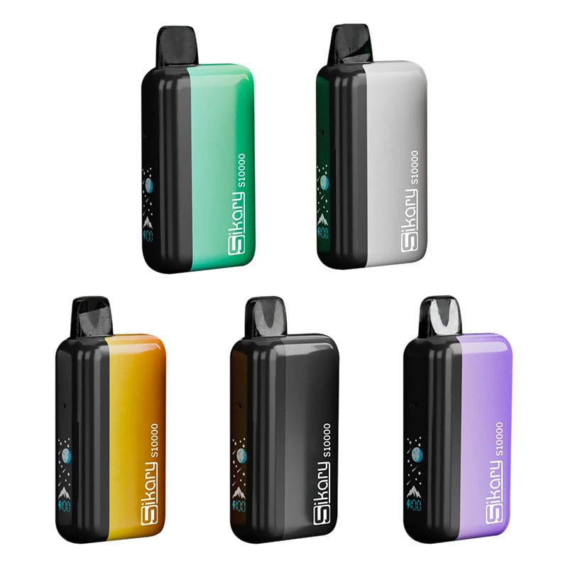 Three Slikary s10000 vape devices in different colors with promotional text on a white background.