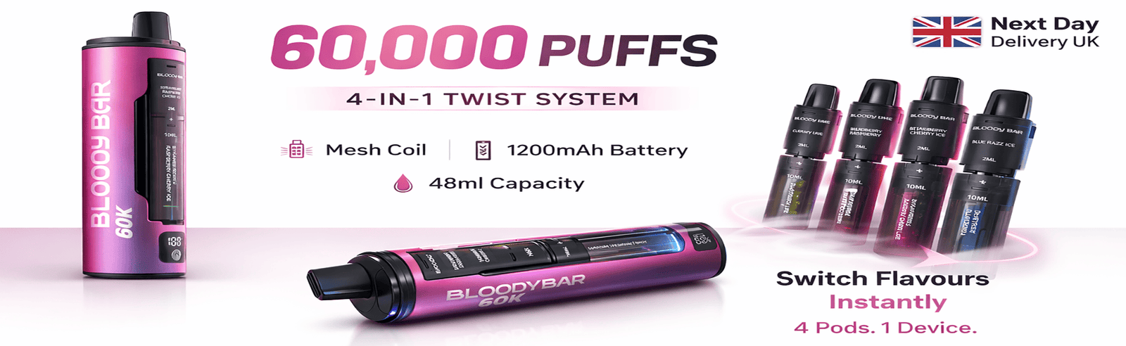 Bloody Bar 60k Puffs Hero Banner with Specs and Next day delivery