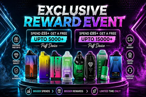 Promotional graphic for an exclusive reward event with vape devices  displayed, Vape At Door UK.