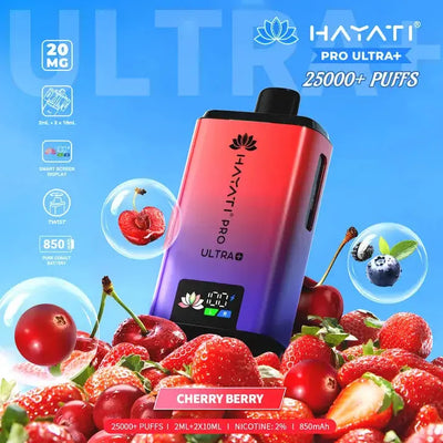 Hayati Pro Ultra Plus 25000 Cherry Berry Prefilled Pod Kit with dark red cherries and mixed forest berries.