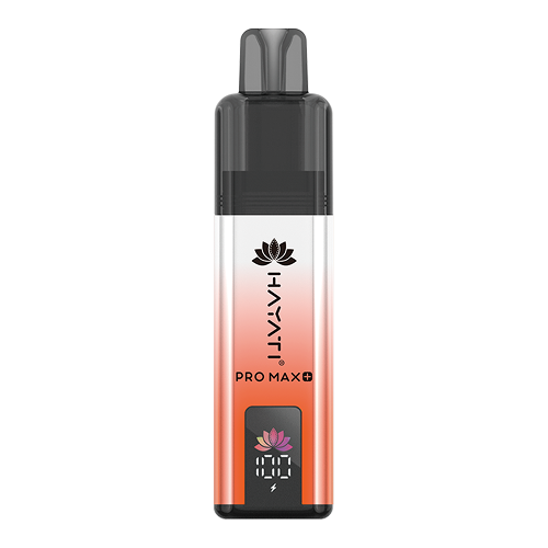 A Hayati Pro Max+ 4000 vape device with a black top mouthpiece and a body featuring a white-to-pink gradient. The front displays a digital screen showing a 100% battery level with a lotus icon, and the Havit brand name is printed vertically.