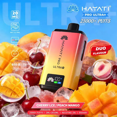 Hayati Pro Ultra Plus 25000 Cherry Ice & Peach Mango Dual Kit with chilled cherries, peaches, and mangoes.