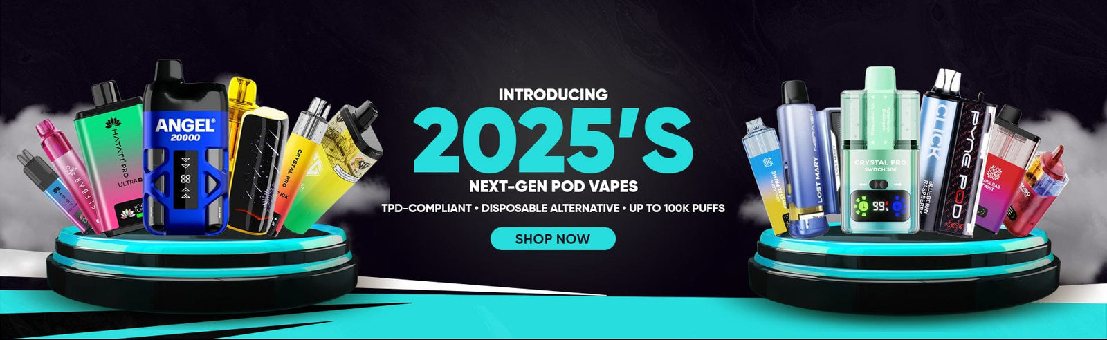 Promotional banner for 2025's next-gen pod vapes with colorful vape devices on a black background.