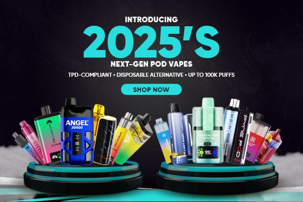 Promotional image of next-gen pod vapes with text about 2025's technology.