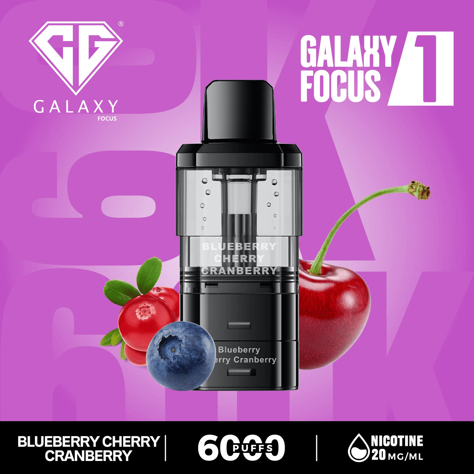 Three Crystal Galaxy Focus 1 6000 Puffs Prefilled Replacement Pods with fruit-themed packaging and promotional text on a white background.