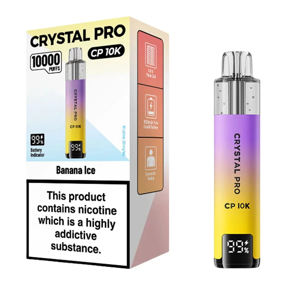 Three gradient-colored 'Crystal Pro CP 10K' prefilled pod kits with pricing and quantity discounts displayed.