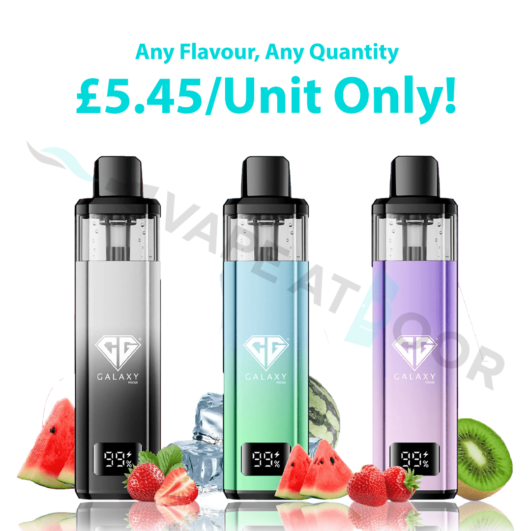 Three Crystal Galaxy Focus 1 6000 Puffs Prefilled Pod Kit with colorful liquids, surrounded by fruit and ice on a white background.