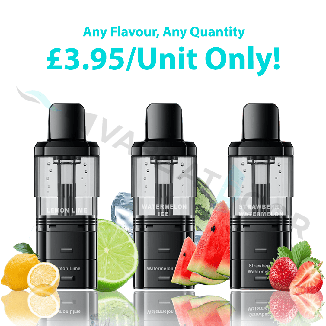 Three Crystal Galaxy Focus 1 6000 Puffs Prefilled Replacement Pods with fruit-themed packaging and promotional text on a white background.