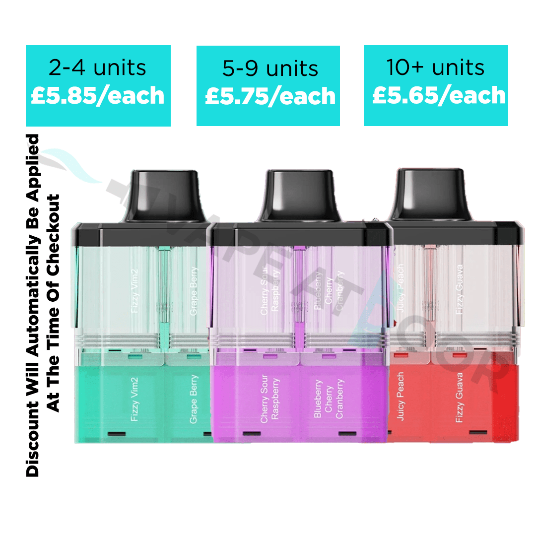 Three colorful Crystal Galaxy Focus 2 30k Prefilled Pods with pricing and discount information with multi buy deals on a white background