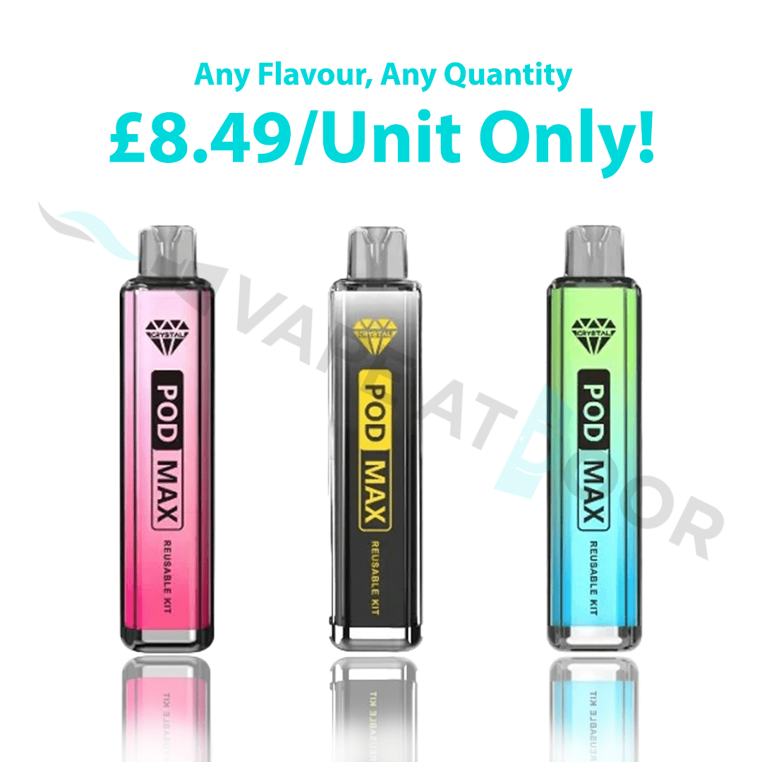 Three colorful &#39;CRYSTAL POD MAX&#39; vape devices with promotional text on a white background