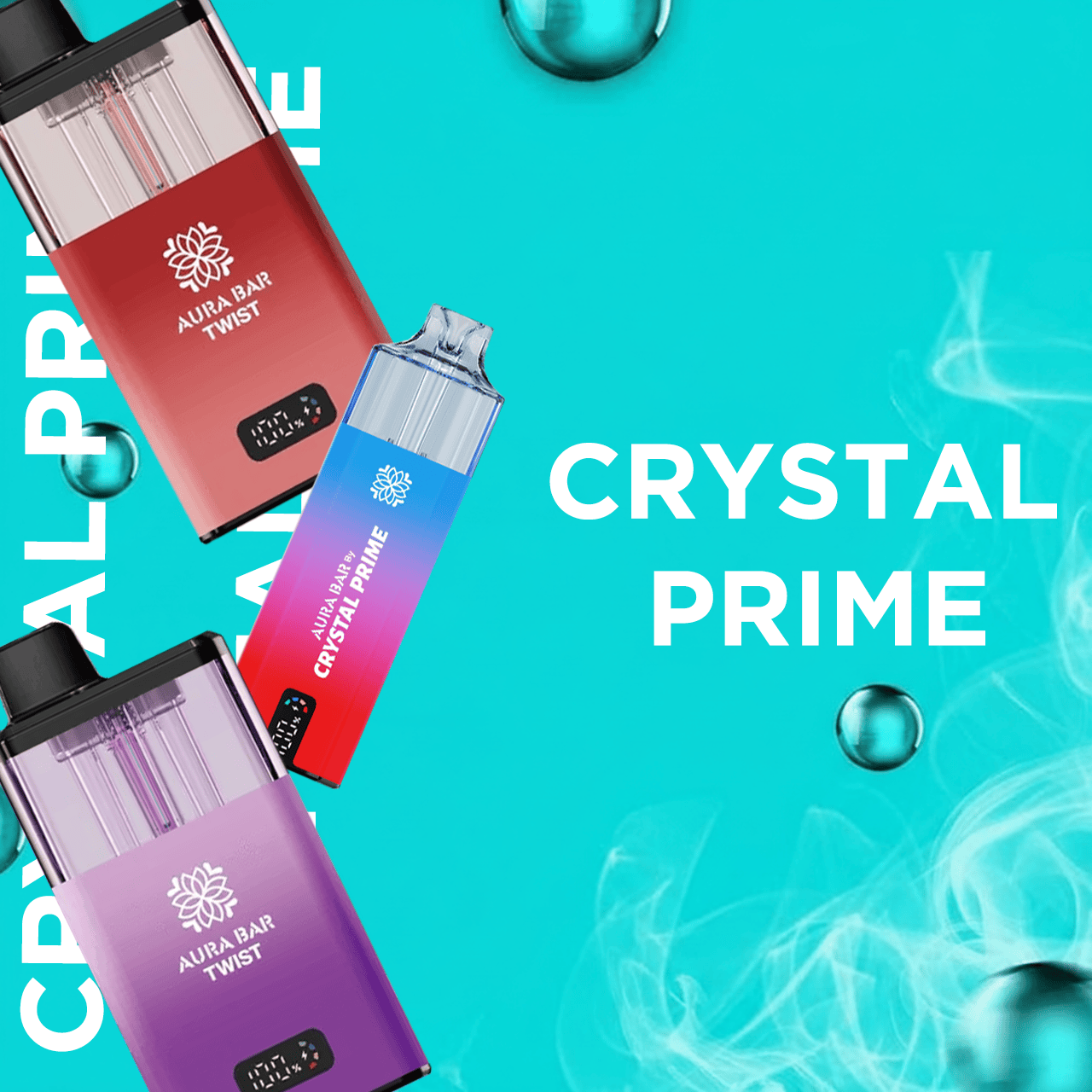 Three vape devices labeled 'Crystal Prime' on a teal background with smoke effects.