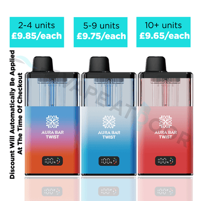 Three 'Aura Bar Twist 40k' Prefilled Pod Kits with pricing information on a white background