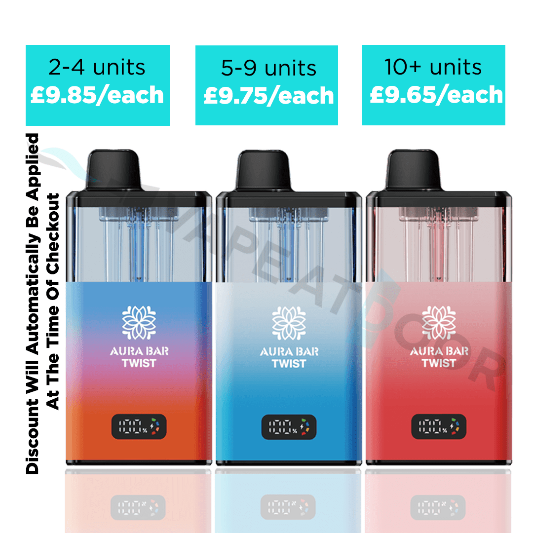 Three 'Aura Bar Twist 40k' Prefilled Pod Kits with pricing information on a white background