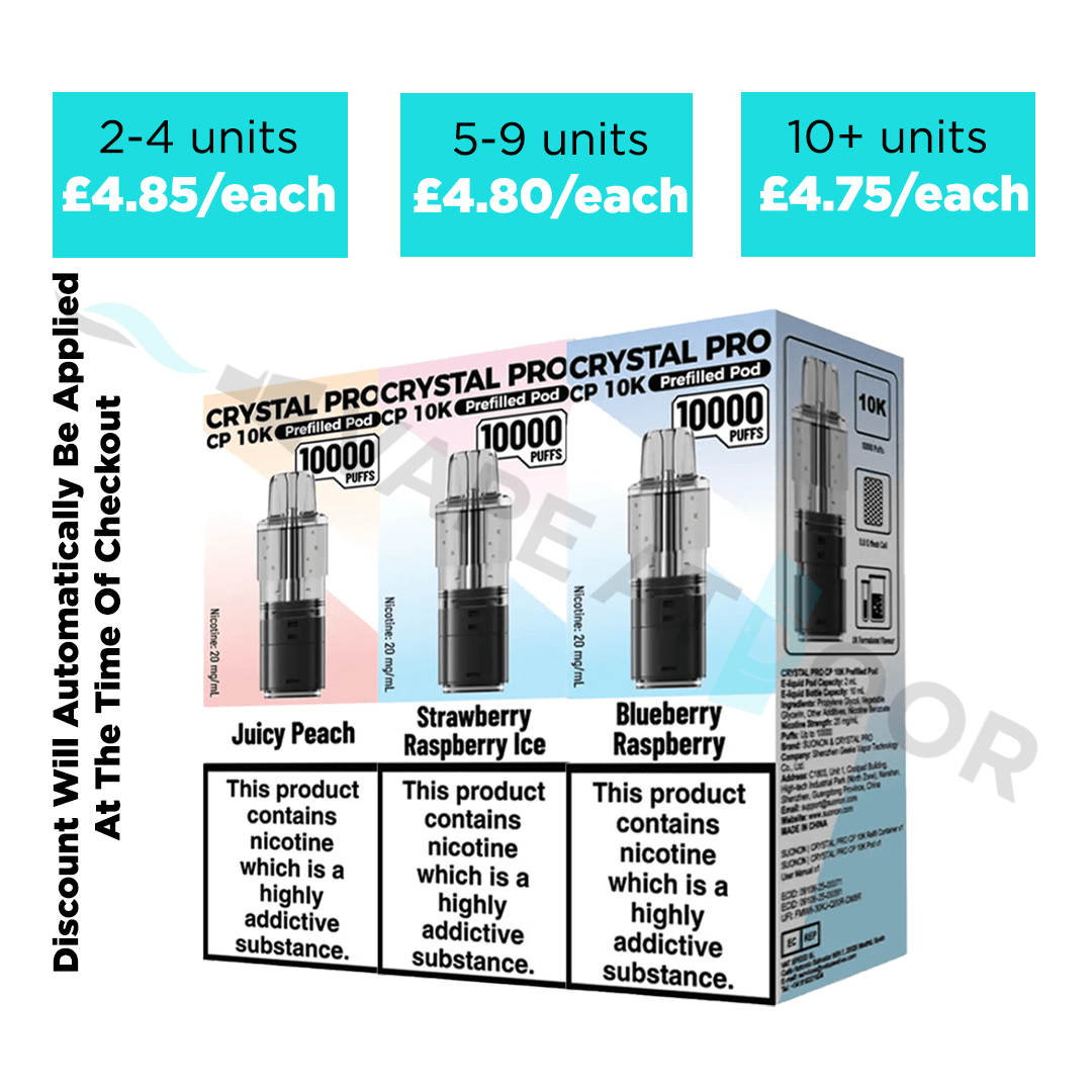 Packaging of Crystal Pro CP 10k Prefilled Replacement Pods with pricing, Multibuy discounts and flavor options on a white background.