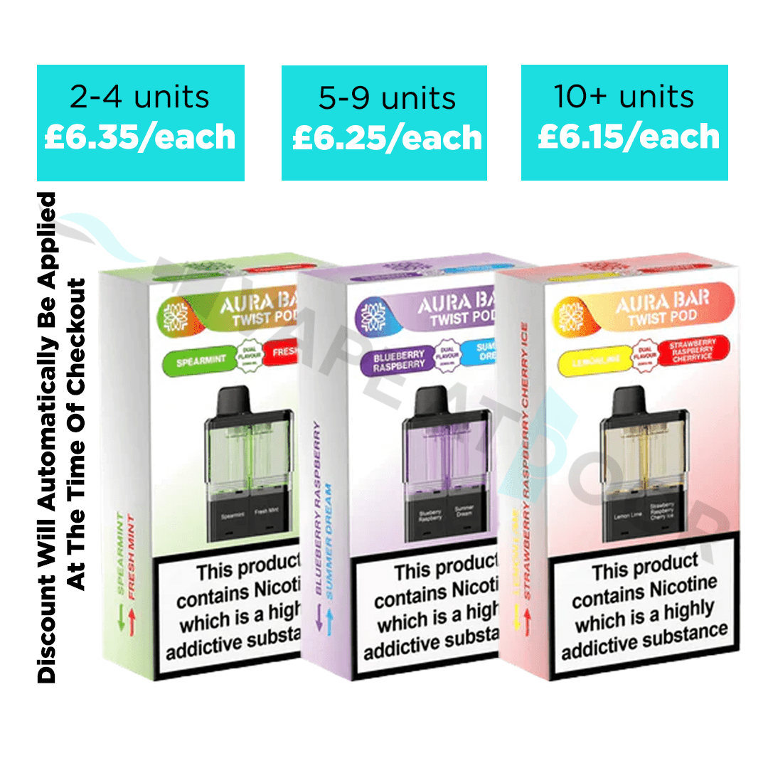 Three boxes of Aura Bar Twist 40k replacement pods with pricing and quantity discount information.