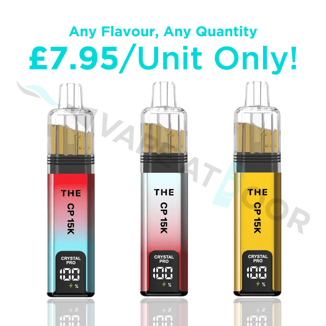 Three vape devices with 'THE CP 15K' branding on a white background, featuring text about price and quantity.