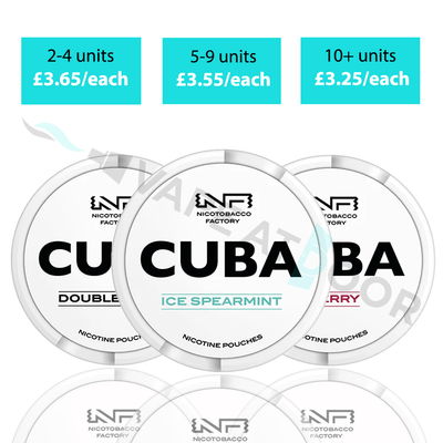 Nicotobacco Factory CUBA White Snus 16mg nicotine pouches with pricing information on a white background