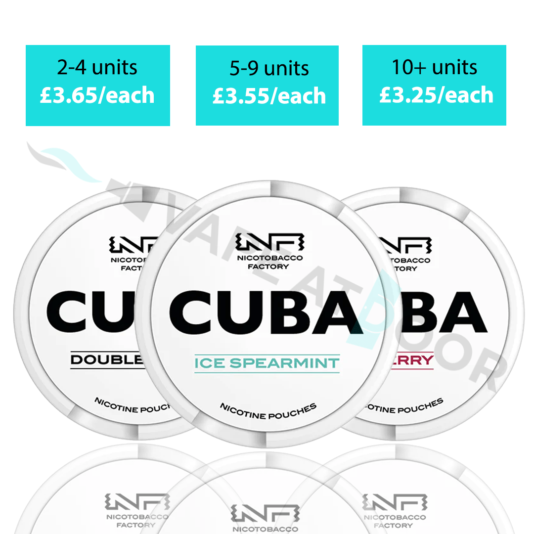 Nicotobacco Factory CUBA White Snus 16mg nicotine pouches with pricing information on a white background