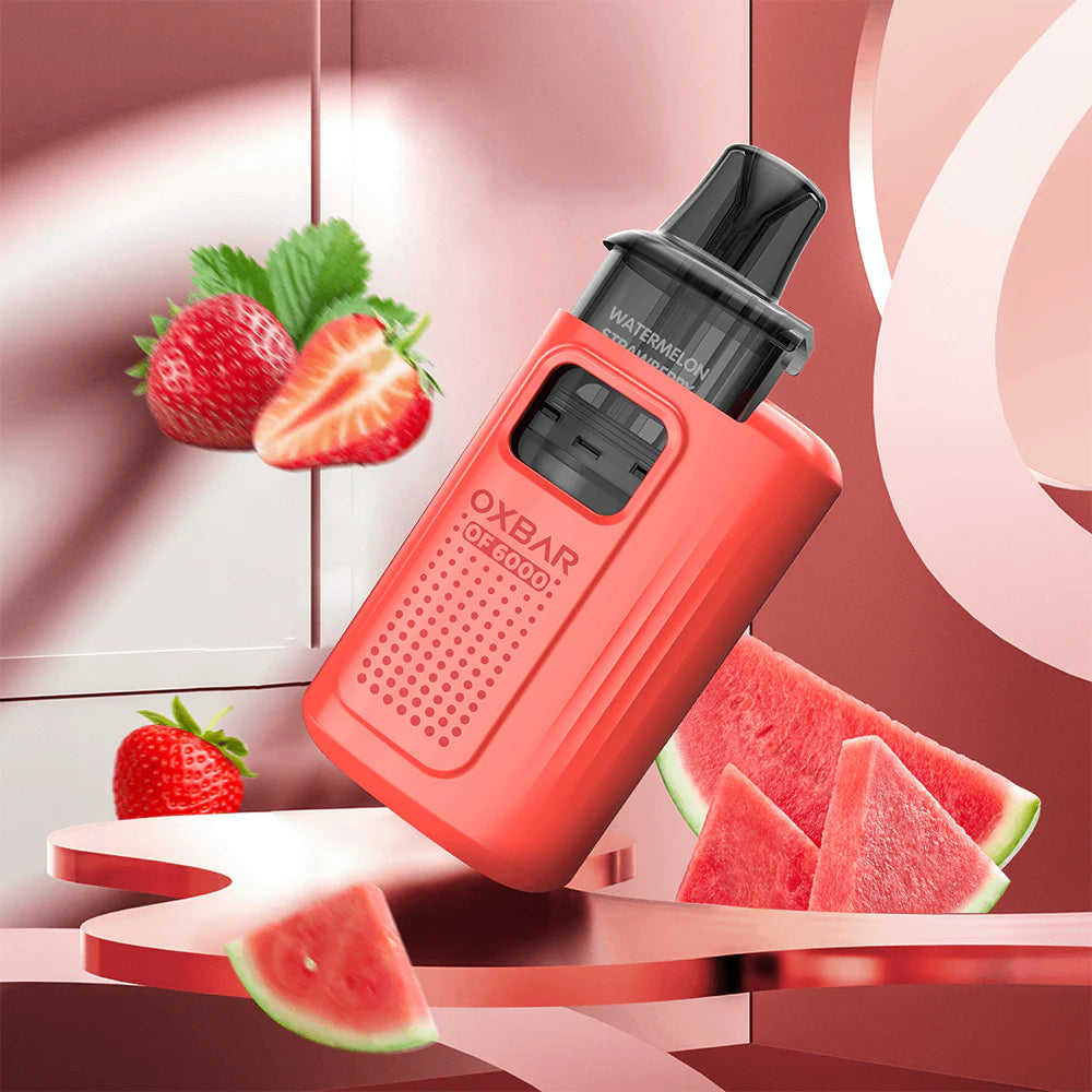 Oxva Oxbar OF 6000 Puffs Disposable Vape Kit in Watermelon Strawberry flavor, mixing juicy watermelon with sweet strawberry for a fruity delight.