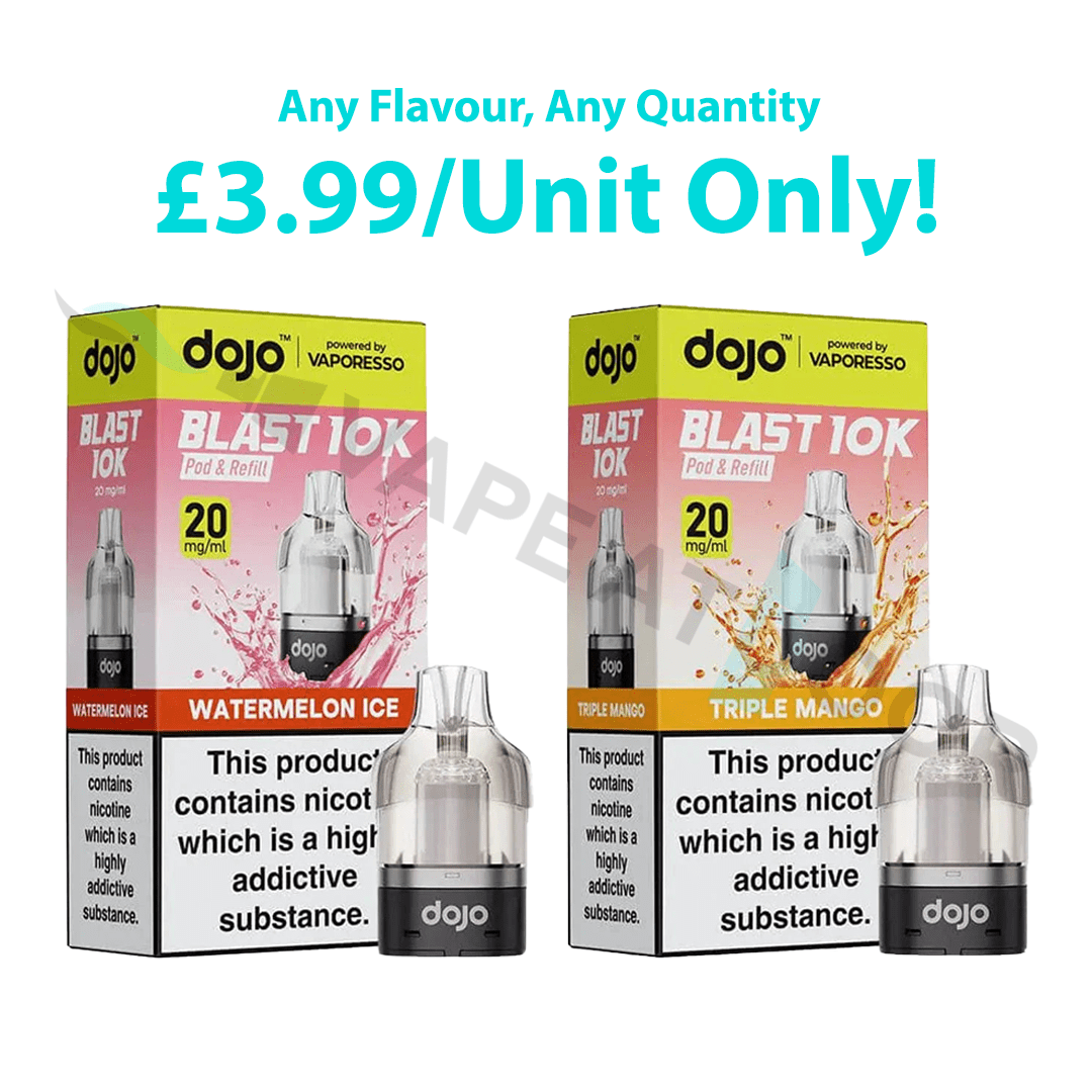 Vape pods with &#39;Vaporesso Dojo Blast 10K Prefilled Replacement Pods&#39; branding and product packaging on a white background