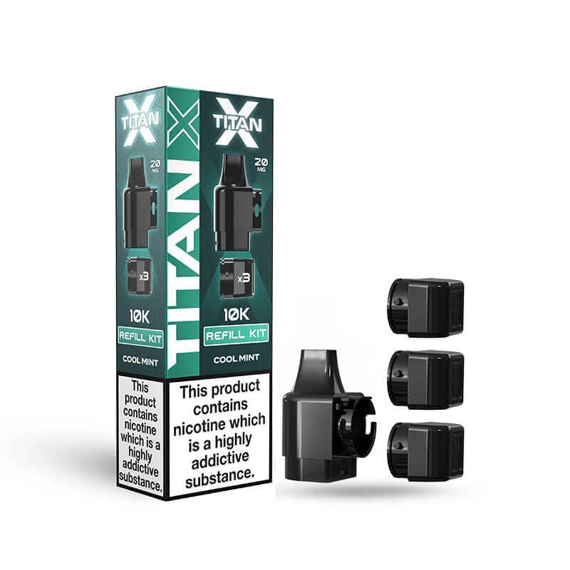 Three Titan x 10k replacement pod packages with flavor options and pricing information on a white background.