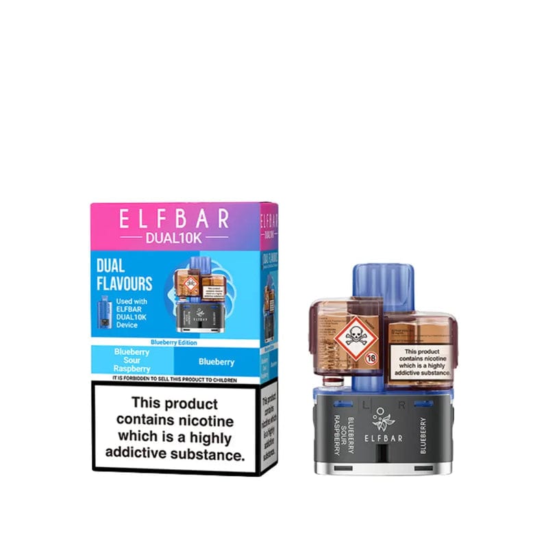 Three boxes of Elf Bar Dual 10K Prefilled Replacement Pods with colorful packaging and promotional text on a white background.