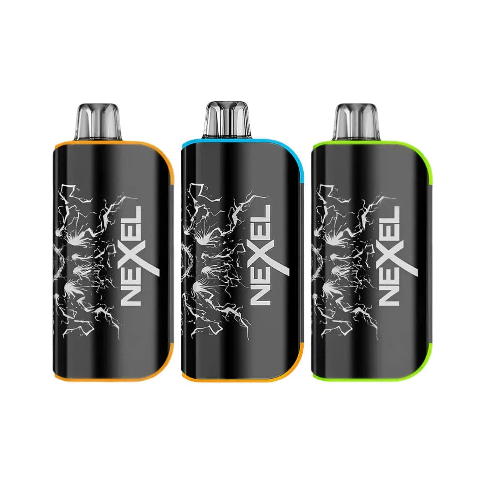 Three Nexel thunder 15k vape devices with a promotional offer on a white background