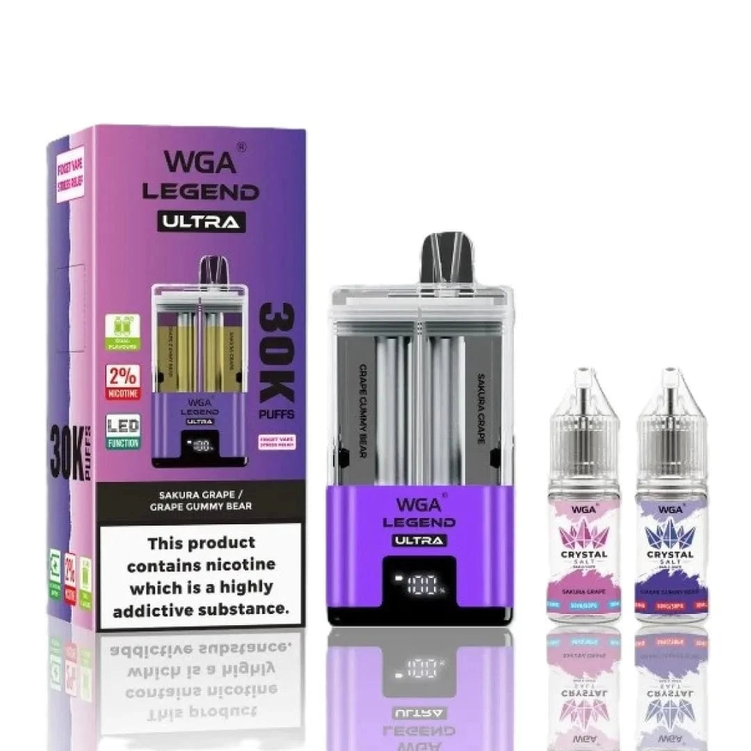 WGA Legend Ultra 30k Vaping device and packaging with pricing and quantity discount information on a white background
