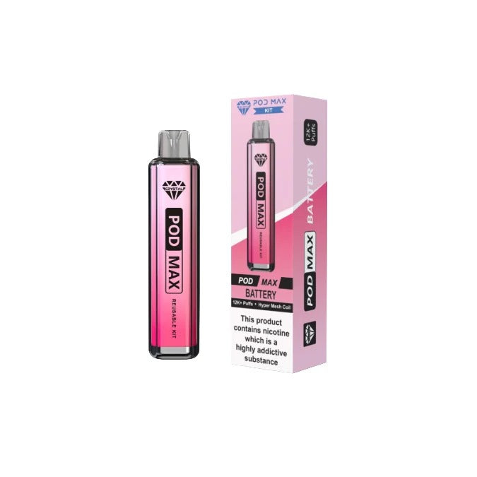 Three colorful 'CRYSTAL POD MAX' vape devices with promotional text on a white background
