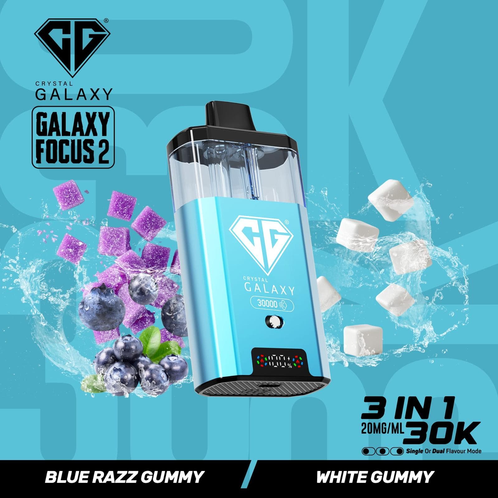 Three Crystal Galaxy focus 2 30k prefilled pod kits in blue, green, and red with multi buy deals above on a white background.