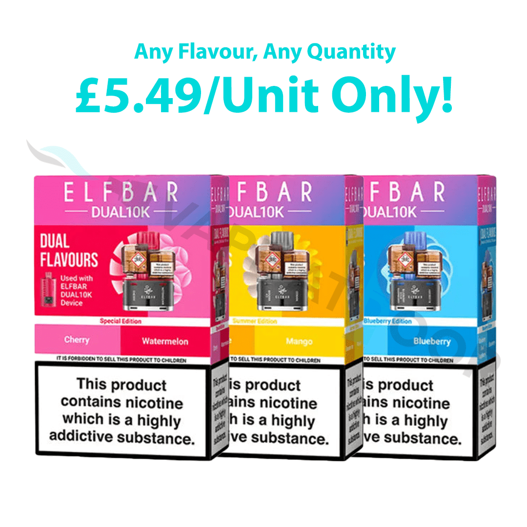 Three boxes of Elf Bar Dual 10K Prefilled Replacement Pods with colorful packaging and promotional text on a white background.