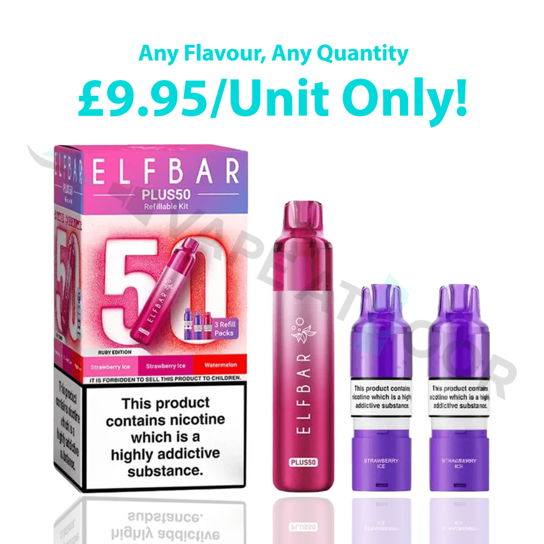 Elf Bar Plus50 vape device and packaging with promotional text on a white background