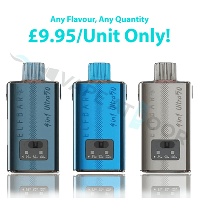 Three Elf Bar 4-In-1 Ultra 50 (50k) Prefilled Pod Kit with promotional text on a white background