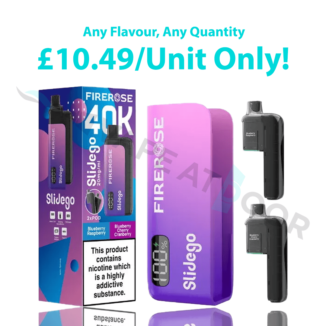 The Elux FireRose Slidego 40K Puffs Prefilled Pod Kit appearing on a white back ground with pricing on it.