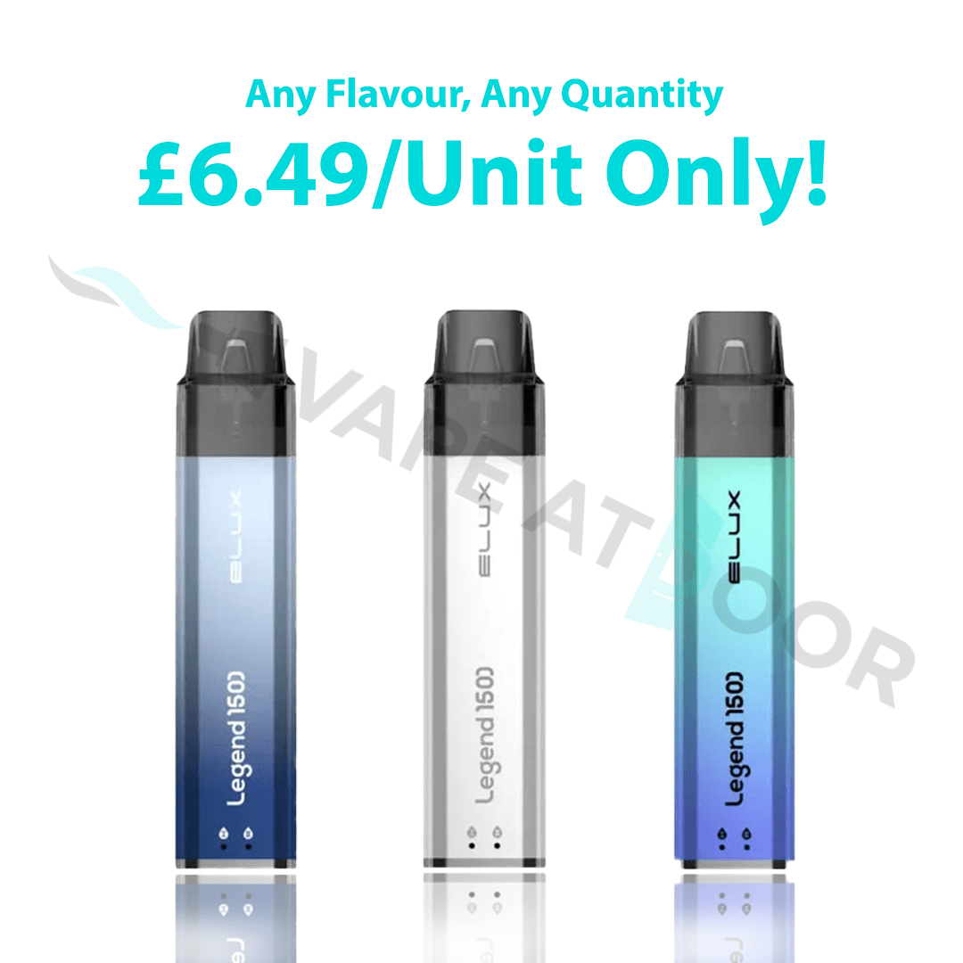 Three Elux Legend 1500 vape devices with promotional text on a white background