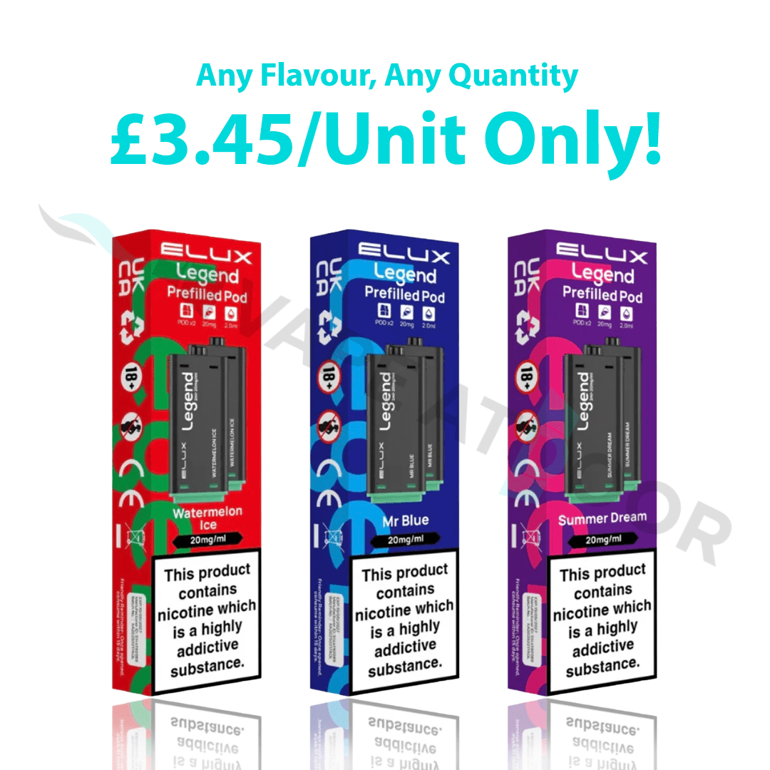 Three boxes of Elux Legend prefilled vape pods with flavor options and pricing information.