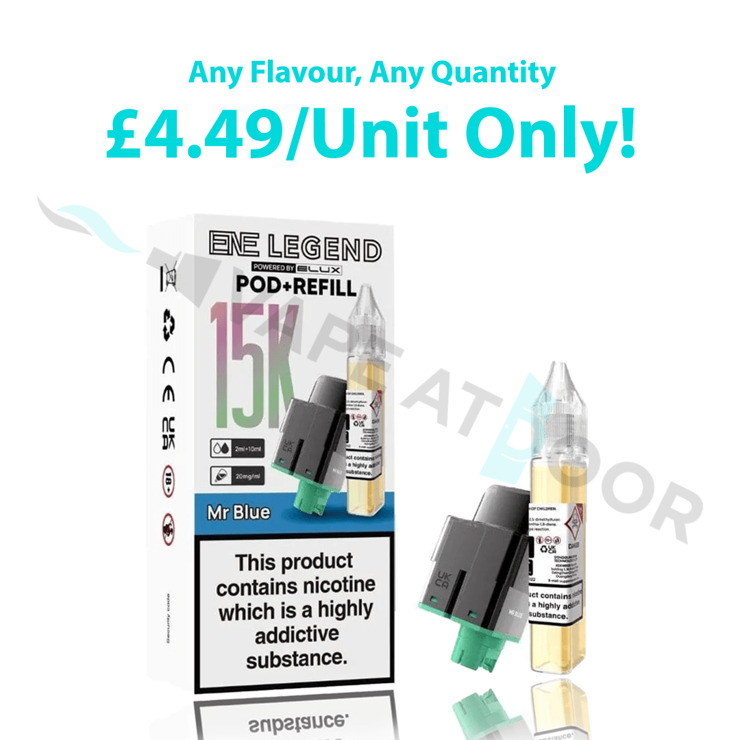 Elux Ene Legend 15k Refill Pods  packaging with promotional text on a white background