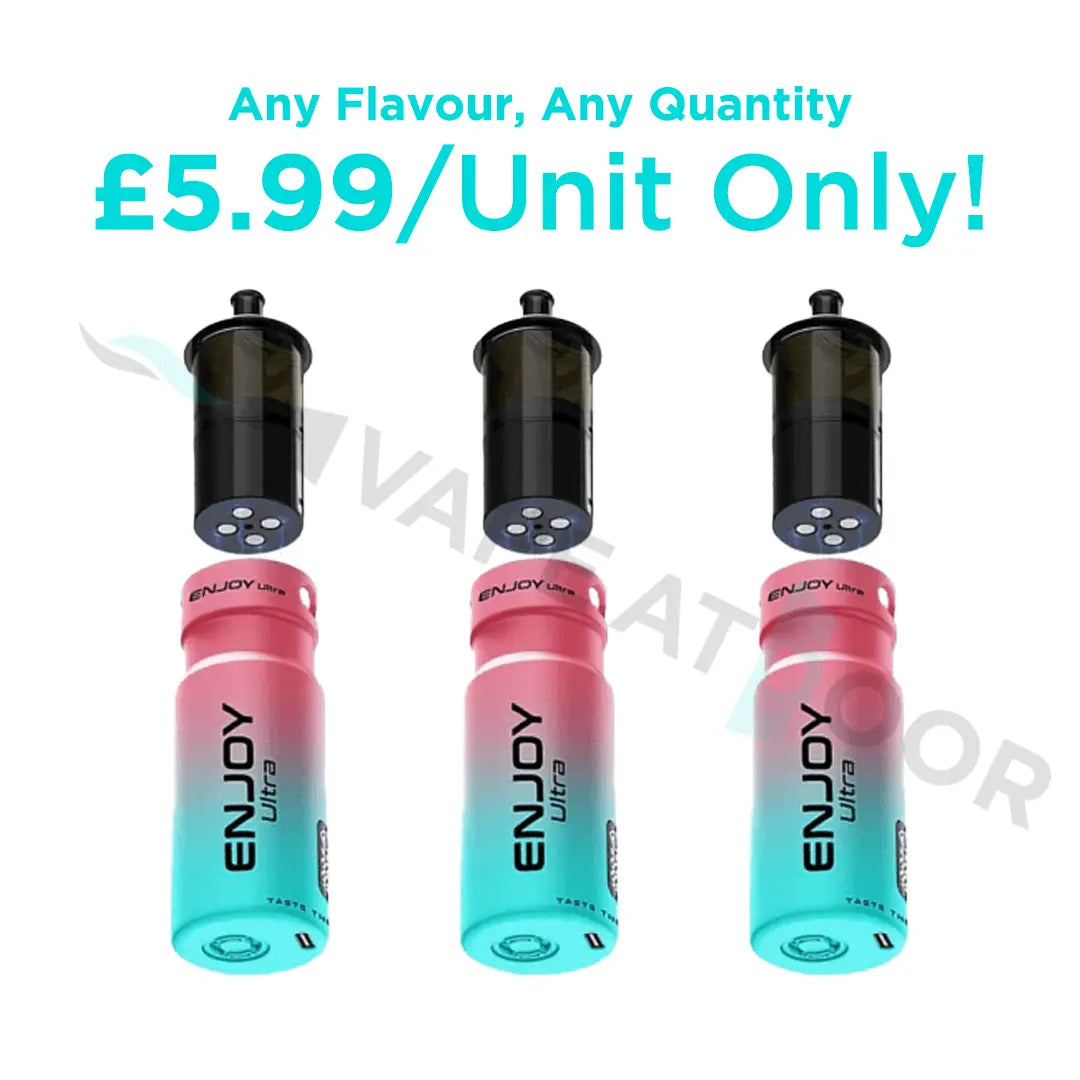 Three Enjoy Ultra 9k Replacement Prefilled Pods on a white background.