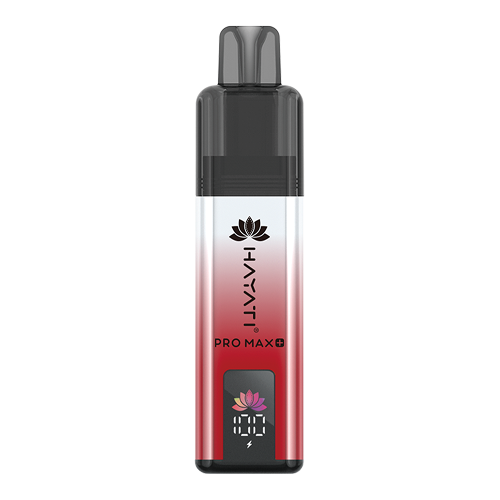 A Hayati Pro Max+ 4000 vape device with a black and red gradient body, featuring a digital screen on the front displaying the brand logo and battery percentage.