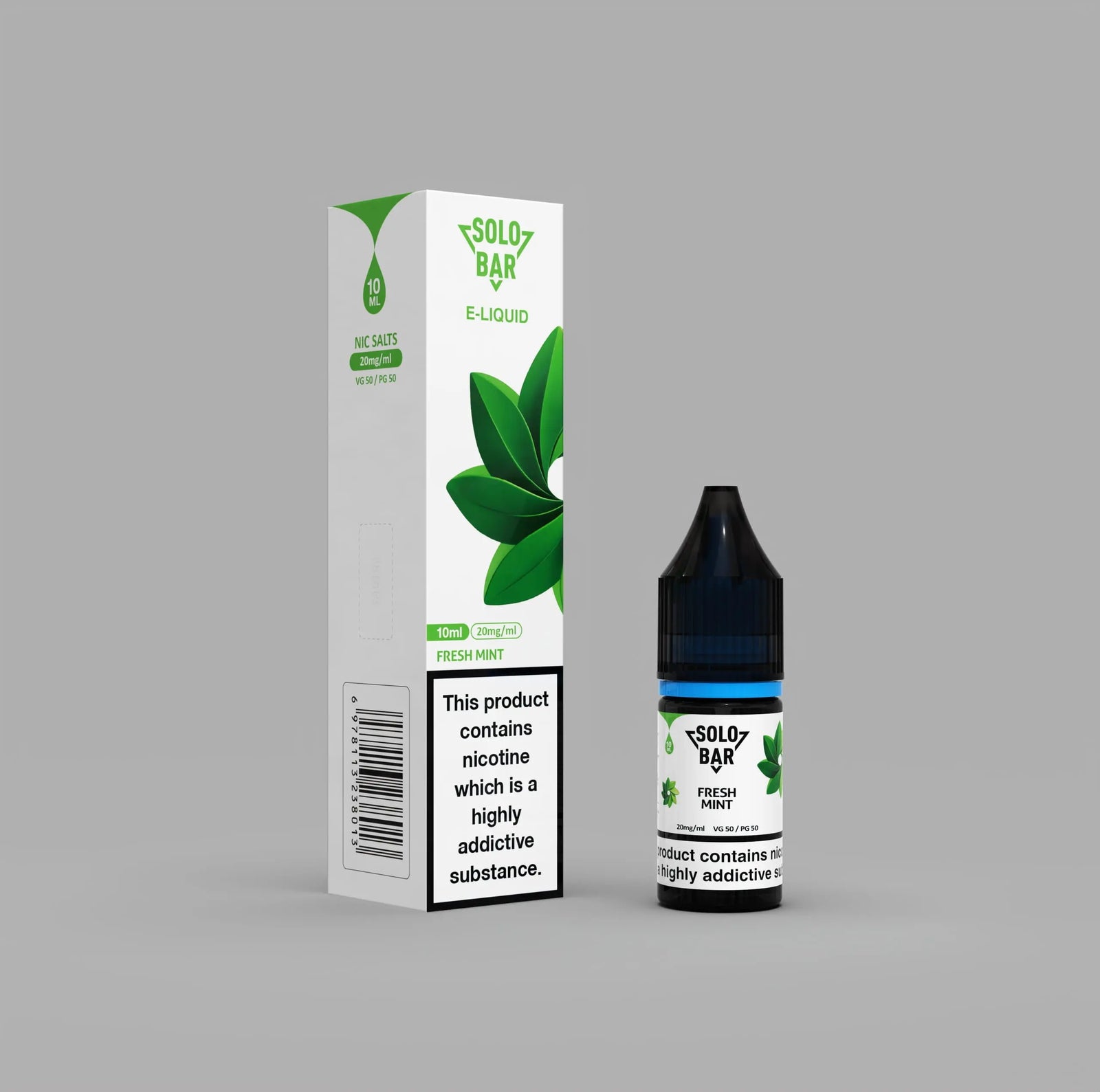 Solo Bar e-liquid bottle FreshMint and packaging on a gray background