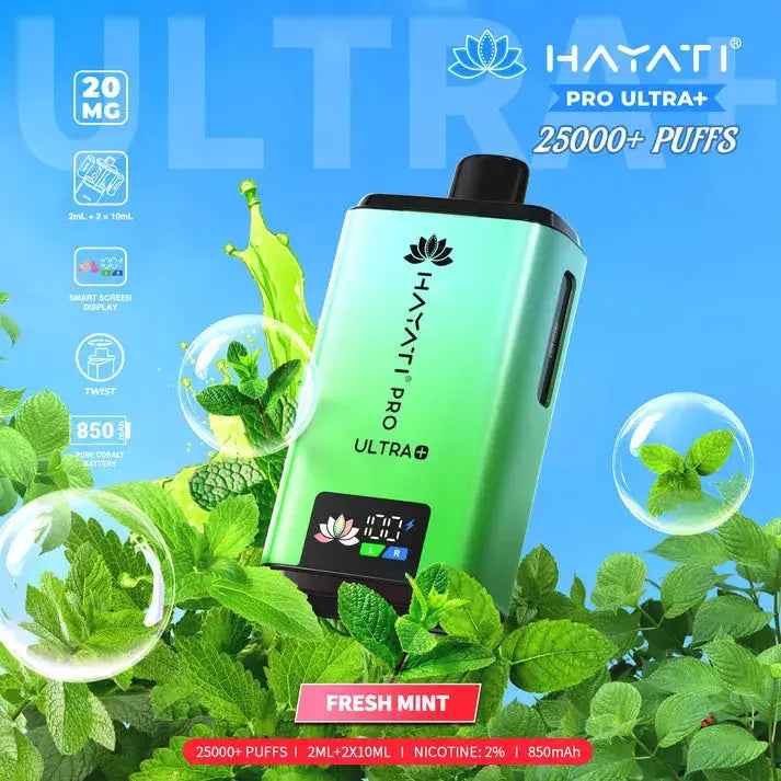 Hayati Pro Ultra Plus 25000 Fresh Mint Kit with cool green mint leaves and refreshing icy elements.