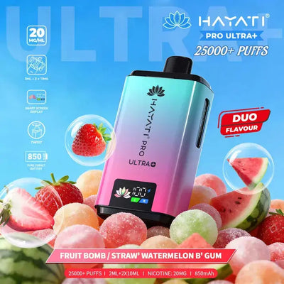 Hayati Pro Ultra Plus 25000 Fruit Bomb & Strawberry Watermelon Bubblegum Kit with explosive fruit and candy notes.